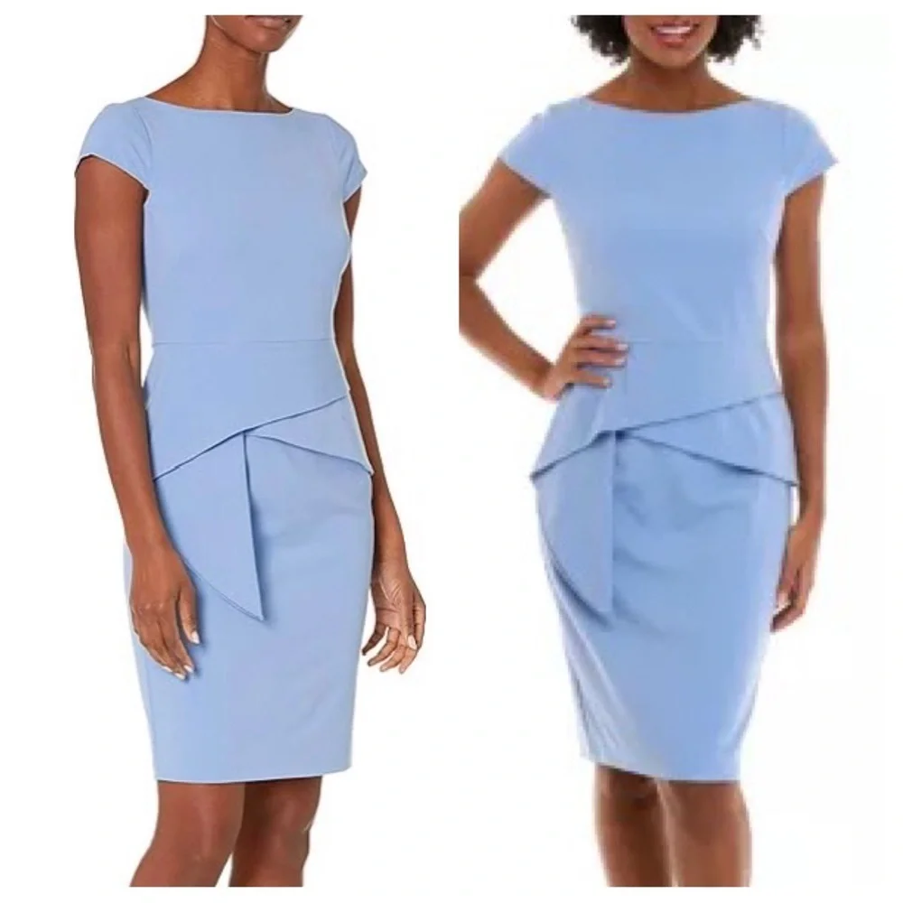 Vince Camuto Periwinkle Blue Cap Sleeve Asymmetrical Peplum Crepe Sheath Dress